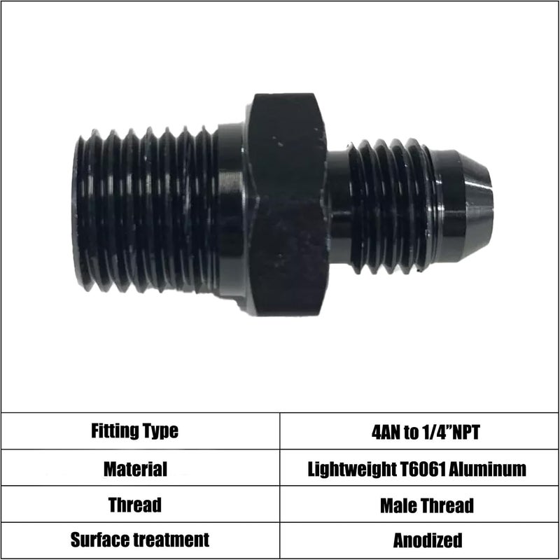 lanstixr 4AN Male Flare to 1/4'' NPT Male Hose Pipe Fitting Adapter Union Connector Aluminum Straight Black Anodized 2PCS - Image 3